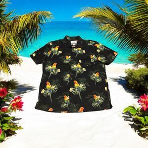 28 Palms Men's Hawaiian Shirt Black Colorful Parrots Size Large